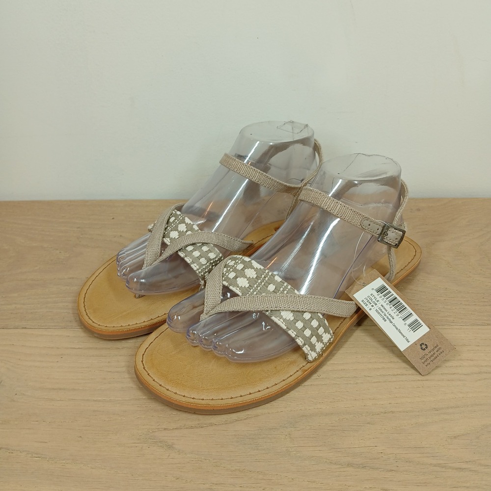 TOMS Lexie Sandals Women 8 Tan Heritage Canvas Diamond Tribal Strappy Flat
